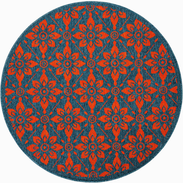 Blue and Red 4' 1 x 4' 1 Outdoor Trellis Round Area Rug Weather Resistant for Patio, Deck, Terrace, Balcony, Porch Geometric Design Water Safe Outside Carpet for Sale at Rug Engine
