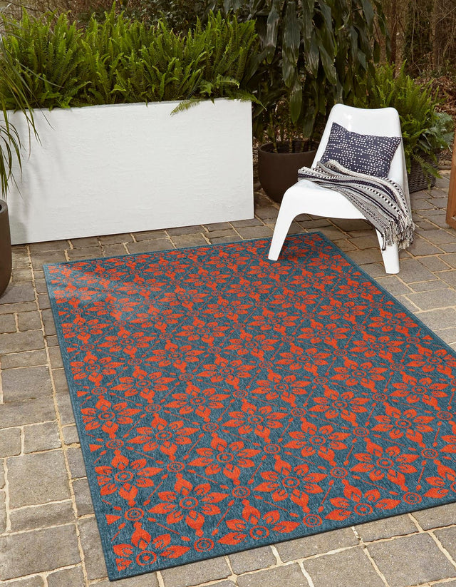 Blue and Red 9' x 12' Outdoor Trellis Rectangle Area Rug Weather Resistant for Patio, Deck, Terrace, Balcony, Porch Geometric Design Water Safe Outside Carpet for Sale at Rug Engine