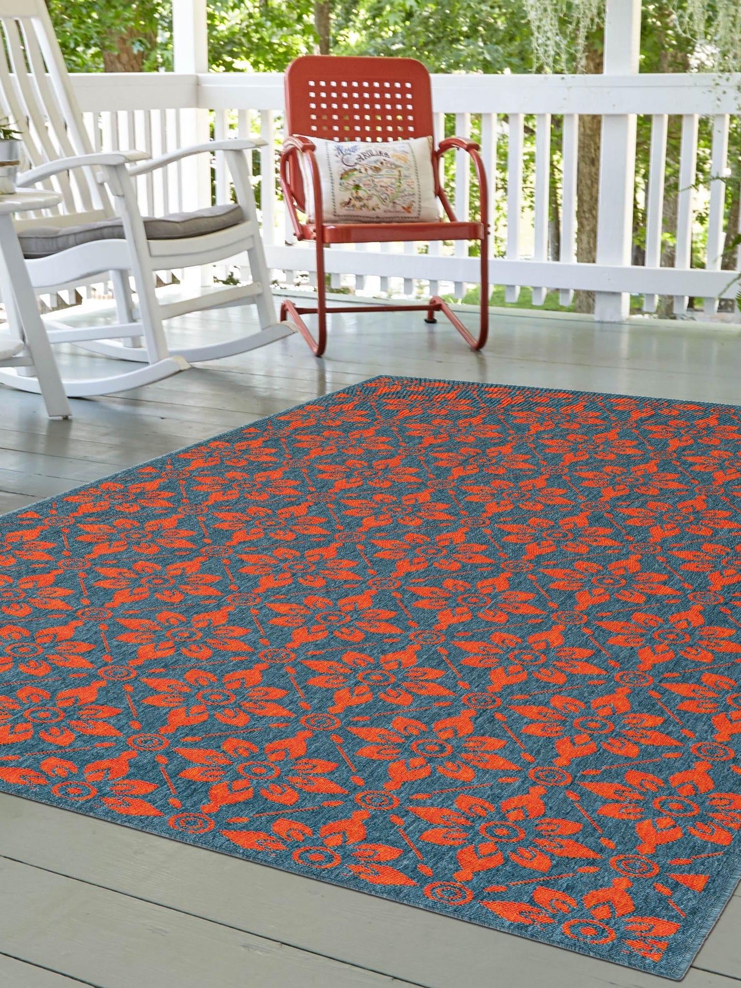 Blue and Red 9' x 12' Outdoor Trellis Rectangle Area Rug Weather Resistant for Patio, Deck, Terrace, Balcony, Porch Geometric Design Water Safe Outside Carpet for Sale at Rug Engine