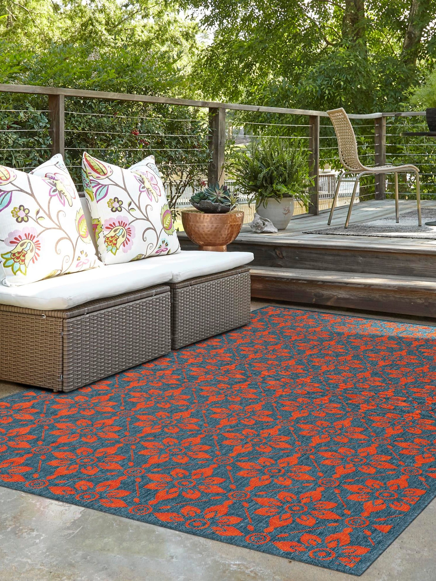 Blue and Red 5' 1 x 8' Outdoor Trellis Rectangle Area Rug Weather Resistant for Patio, Deck, Terrace, Balcony, Porch Geometric Design Water Safe Outside Carpet for Sale at Rug Engine