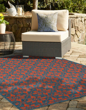 Blue and Red 4' 1 x 6' 1 Outdoor Trellis Rectangle Area Rug Weather Resistant for Patio, Deck, Terrace, Balcony, Porch Geometric Design Water Safe Outside Carpet for Sale at Rug Engine