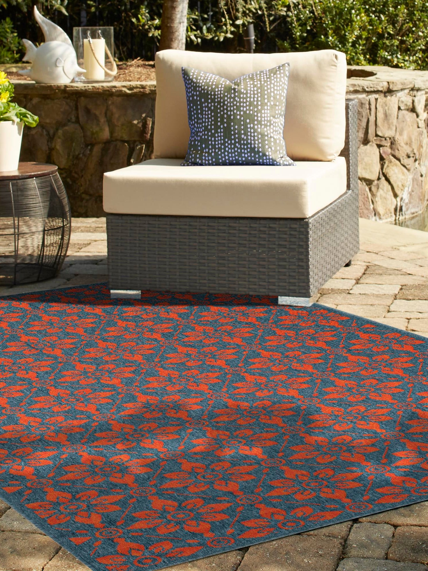 Blue and Red 9' x 12' Outdoor Trellis Rectangle Area Rug Weather Resistant for Patio, Deck, Terrace, Balcony, Porch Geometric Design Water Safe Outside Carpet for Sale at Rug Engine