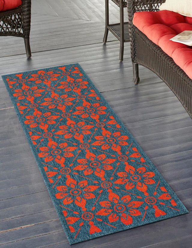 Blue and Red 2' x 8' Outdoor Trellis Runner Area Rug Weather Resistant for Patio, Deck, Terrace, Balcony, Porch Geometric Design Water Safe Outside Carpet for Sale at Rug Engine