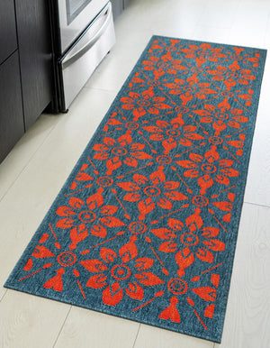 Blue and Red 2' x 8' Outdoor Trellis Runner Area Rug Weather Resistant for Patio, Deck, Terrace, Balcony, Porch Geometric Design Water Safe Outside Carpet for Sale at Rug Engine