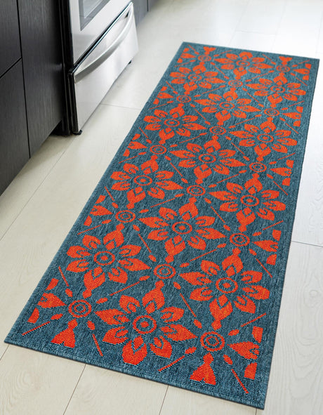 Blue and Red 2' x 8' Outdoor Trellis Runner Area Rug Weather Resistant for Patio, Deck, Terrace, Balcony, Porch Geometric Design Water Safe Outside Carpet for Sale at Rug Engine