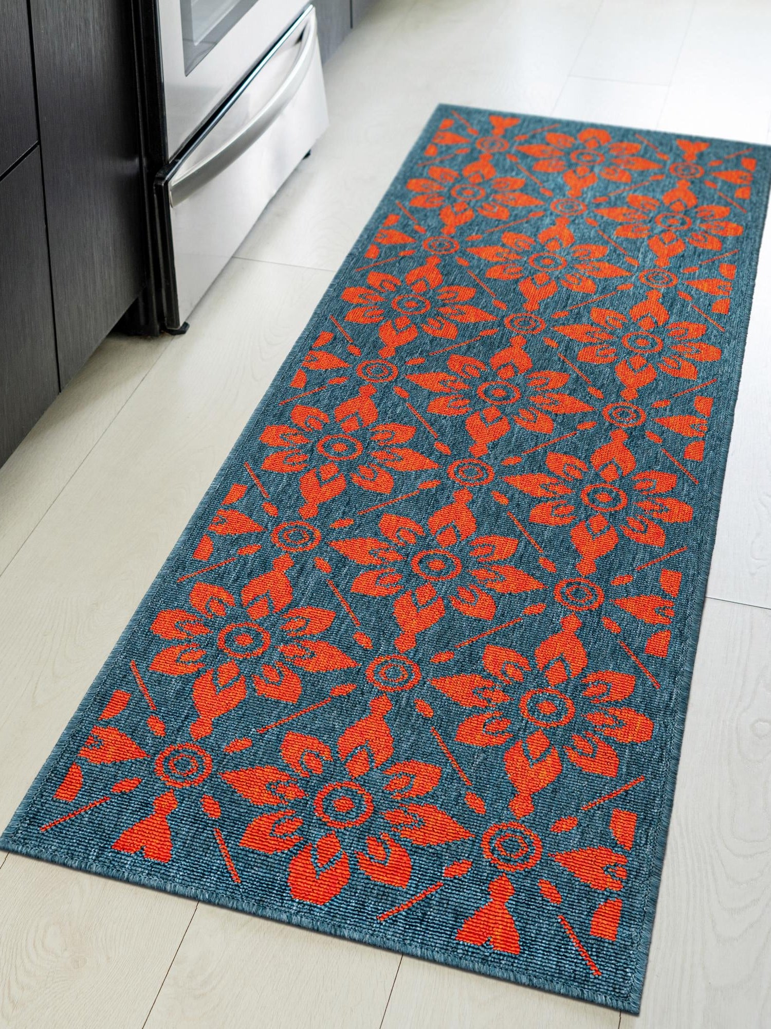 Blue and Red 2' x 5' 1 Outdoor Trellis Runner Area Rug Weather Resistant for Patio, Deck, Terrace, Balcony, Porch Geometric Design Water Safe Outside Carpet for Sale at Rug Engine