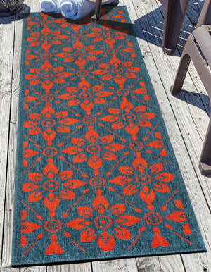 Blue and Red 2' x 8' Outdoor Trellis Runner Area Rug Weather Resistant for Patio, Deck, Terrace, Balcony, Porch Geometric Design Water Safe Outside Carpet for Sale at Rug Engine