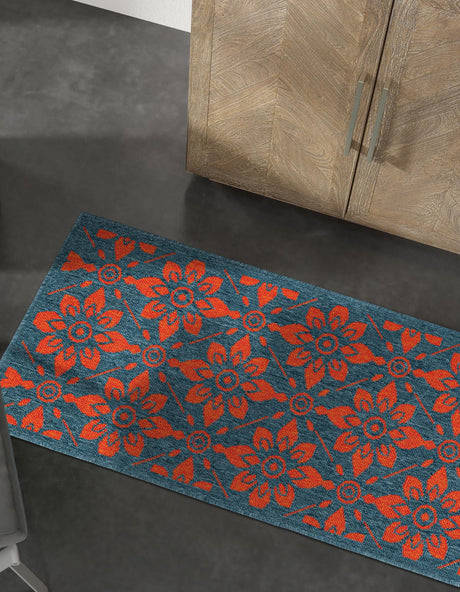 Blue and Red 2' x 8' Outdoor Trellis Runner Area Rug Weather Resistant for Patio, Deck, Terrace, Balcony, Porch Geometric Design Water Safe Outside Carpet for Sale at Rug Engine