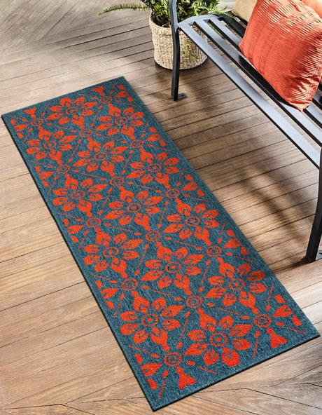 Blue and Red 2' x 8' Outdoor Trellis Runner Area Rug Weather Resistant for Patio, Deck, Terrace, Balcony, Porch Geometric Design Water Safe Outside Carpet for Sale at Rug Engine