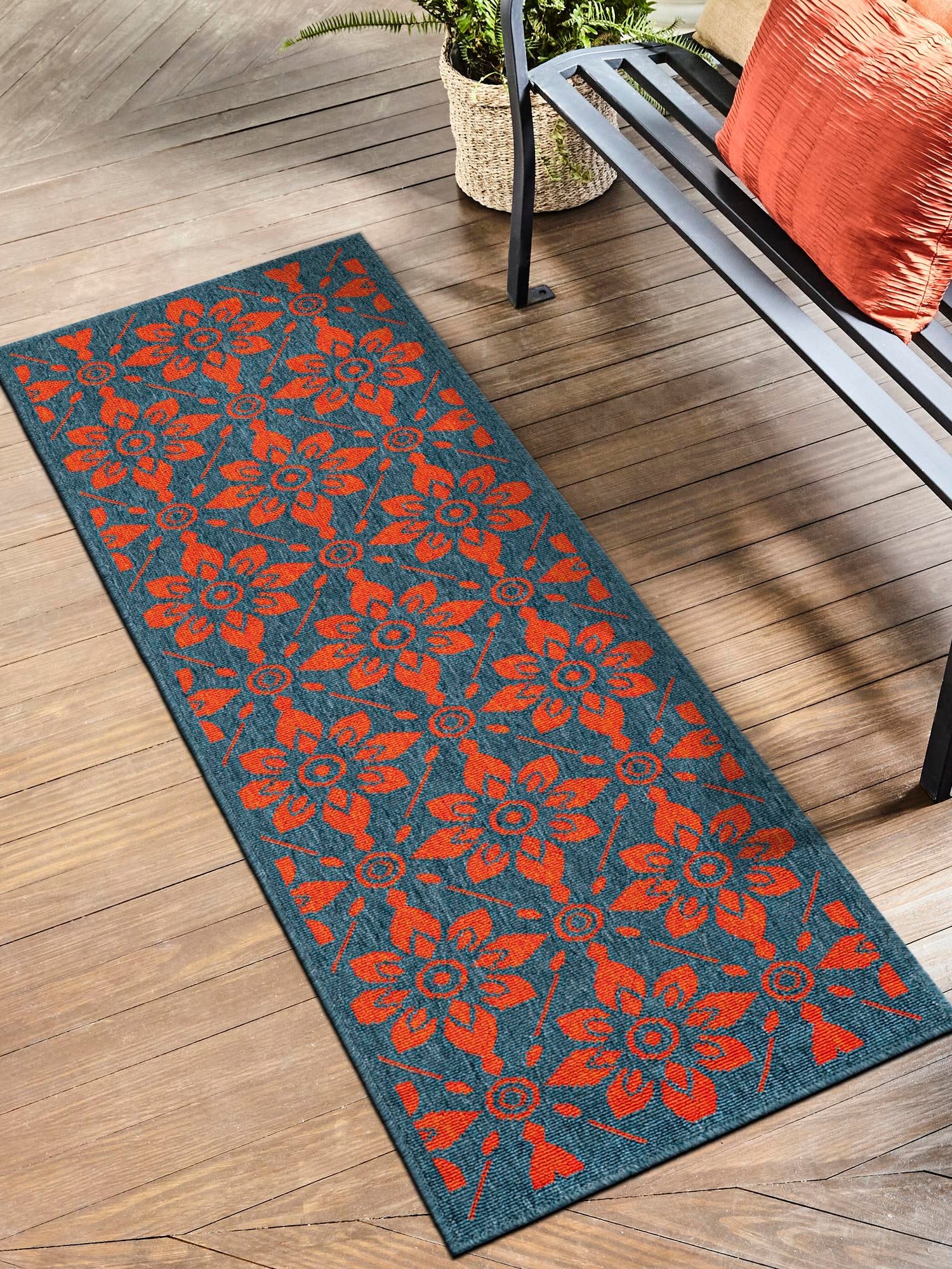 Blue and Red 2' x 5' 1 Outdoor Trellis Runner Area Rug Weather Resistant for Patio, Deck, Terrace, Balcony, Porch Geometric Design Water Safe Outside Carpet for Sale at Rug Engine