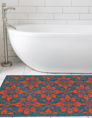 Blue and Red 2' x 8' Outdoor Trellis Runner Area Rug Weather Resistant for Patio, Deck, Terrace, Balcony, Porch Geometric Design Water Safe Outside Carpet for Sale at Rug Engine