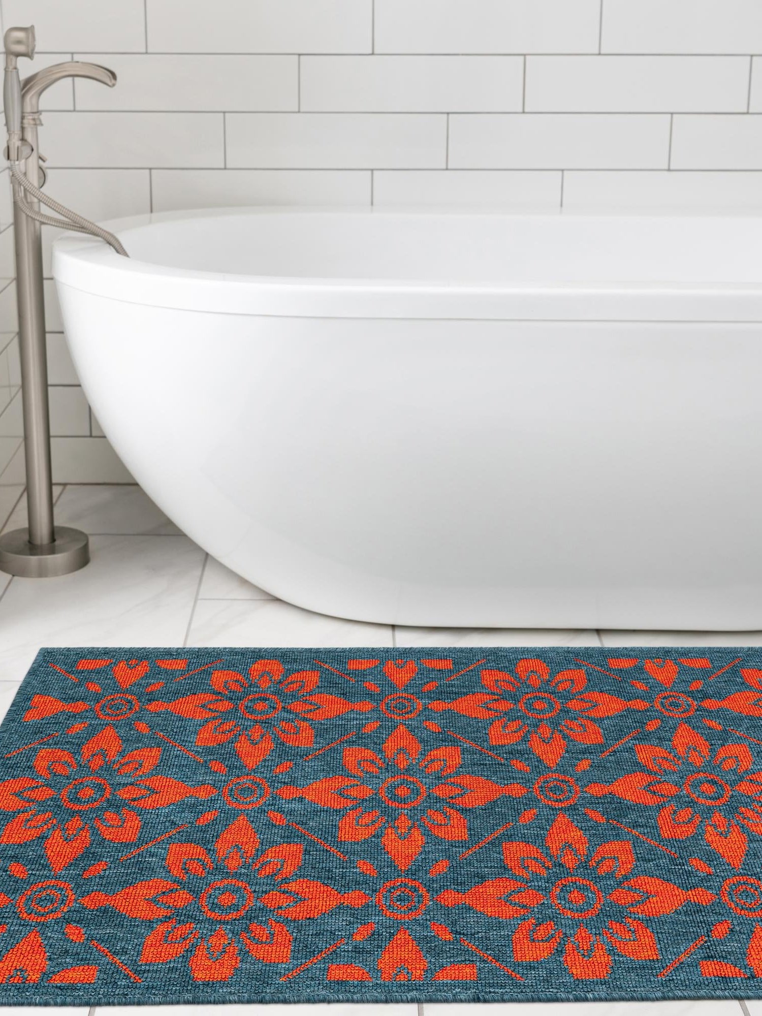 Blue and Red 2' 7 x 12' Outdoor Trellis Runner Area Rug Weather Resistant for Patio, Deck, Terrace, Balcony, Porch Geometric Design Water Safe Outside Carpet for Sale at Rug Engine