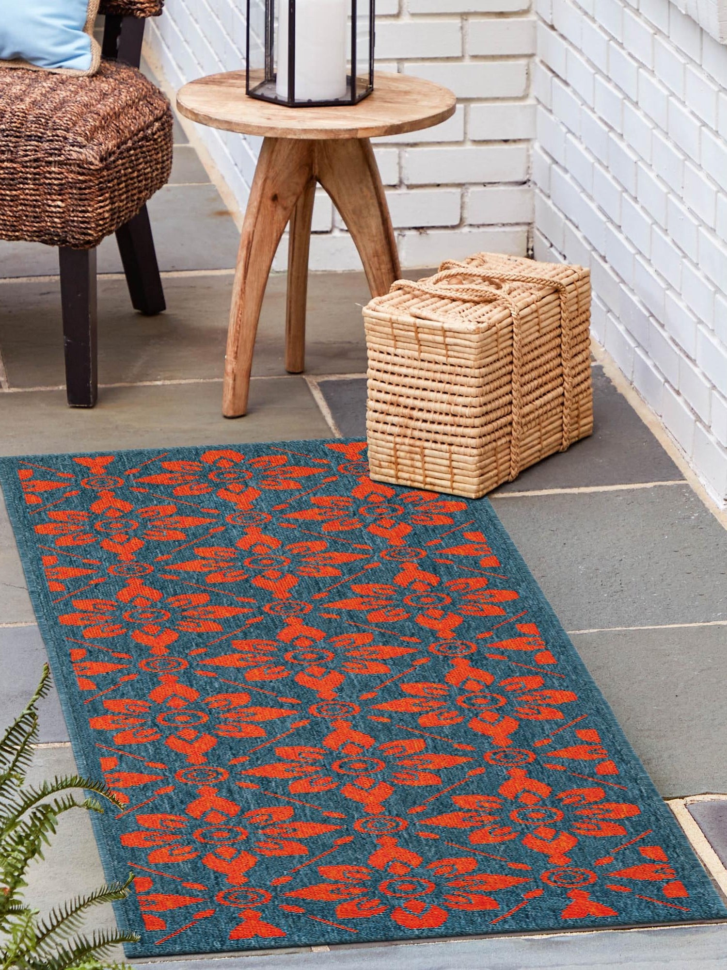 Blue and Red 2' 7 x 12' Outdoor Trellis Runner Area Rug Weather Resistant for Patio, Deck, Terrace, Balcony, Porch Geometric Design Water Safe Outside Carpet for Sale at Rug Engine