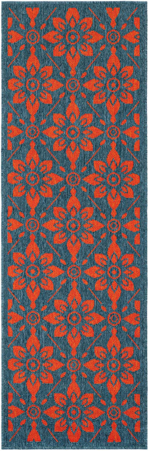 Blue and Red 2' x 6' 1 Outdoor Trellis Runner Area Rug Weather Resistant for Patio, Deck, Terrace, Balcony, Porch Geometric Design Water Safe Outside Carpet for Sale at Rug Engine
