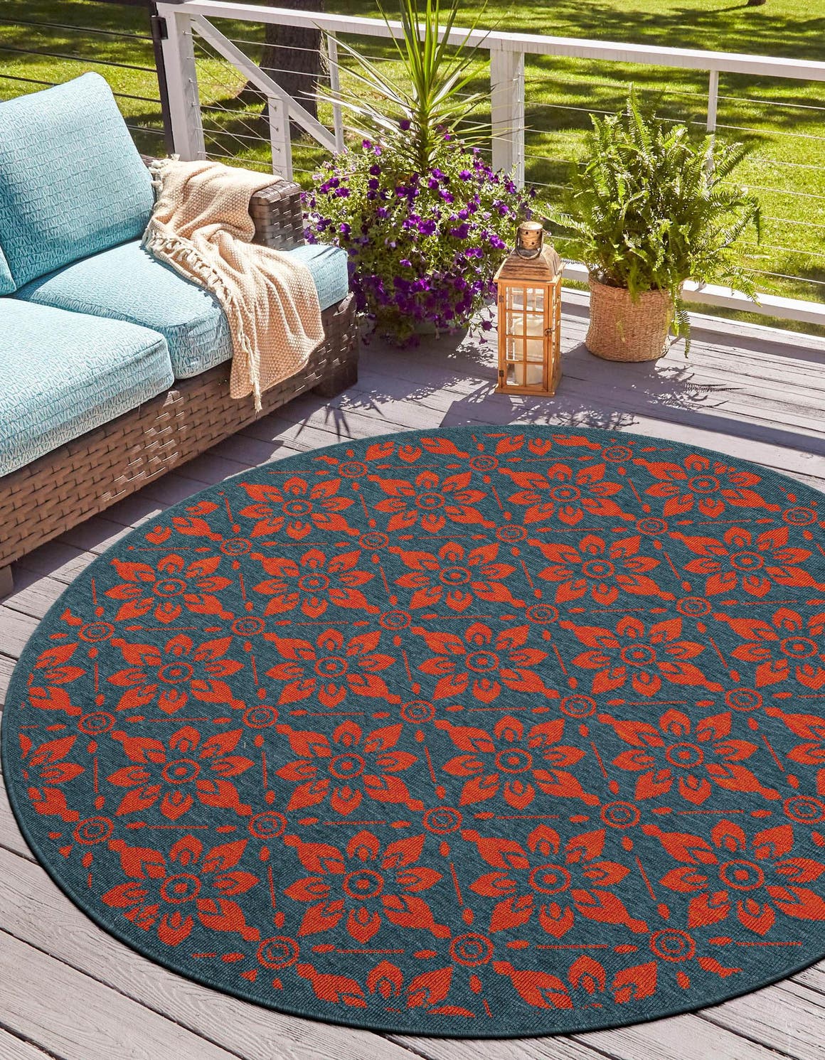 Blue and Red 6' 1 x 6' 1 Outdoor Trellis Round Area Rug Weather Resistant for Patio, Deck, Terrace, Balcony, Porch Geometric Design Water Safe Outside Carpet for Sale at Rug Engine