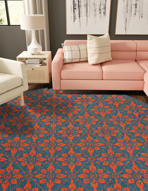 Blue and Red 5' 1 x 5' 1 Outdoor Trellis Round Area Rug Weather Resistant for Patio, Deck, Terrace, Balcony, Porch Geometric Design Water Safe Outside Carpet for Sale at Rug Engine