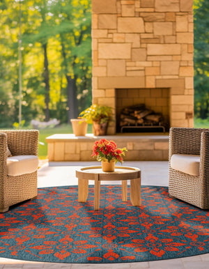 Blue and Red 6' 1 x 6' 1 Outdoor Trellis Round Area Rug Weather Resistant for Patio, Deck, Terrace, Balcony, Porch Geometric Design Water Safe Outside Carpet for Sale at Rug Engine