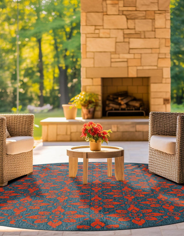 Blue and Red 5' 1 x 5' 1 Outdoor Trellis Round Area Rug Weather Resistant for Patio, Deck, Terrace, Balcony, Porch Geometric Design Water Safe Outside Carpet for Sale at Rug Engine