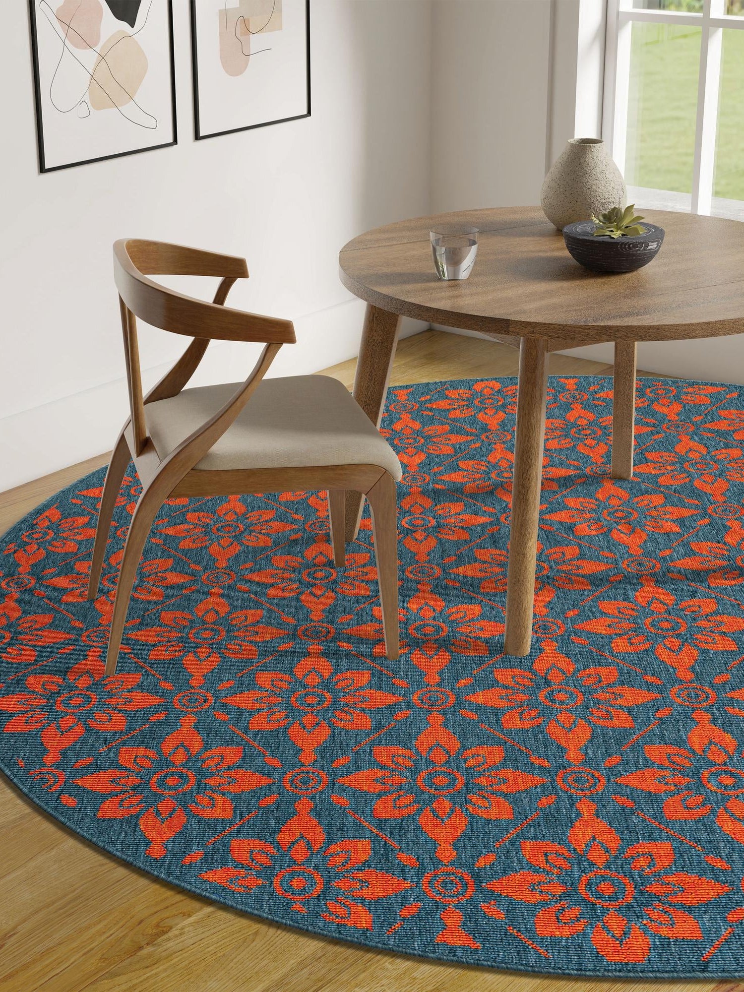 Blue and Red 3' 1 x 3' 1 Outdoor Trellis Round Area Rug Weather Resistant for Patio, Deck, Terrace, Balcony, Porch Geometric Design Water Safe Outside Carpet for Sale at Rug Engine
