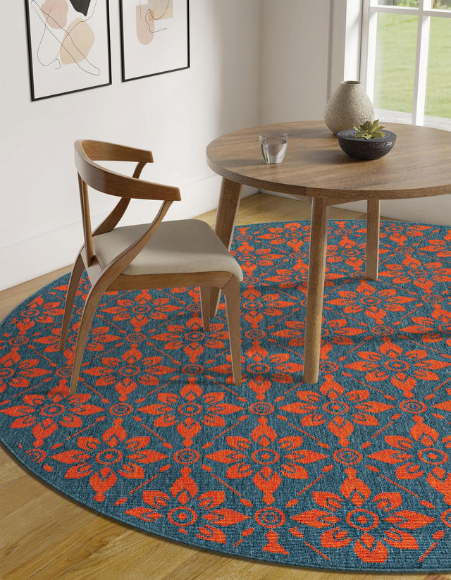 Blue and Red 4' 1 x 4' 1 Outdoor Trellis Round Area Rug Weather Resistant for Patio, Deck, Terrace, Balcony, Porch Geometric Design Water Safe Outside Carpet for Sale at Rug Engine