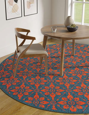 Blue and Red 5' 1 x 5' 1 Outdoor Trellis Round Area Rug Weather Resistant for Patio, Deck, Terrace, Balcony, Porch Geometric Design Water Safe Outside Carpet for Sale at Rug Engine