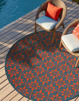 Blue and Red 3' 1 x 3' 1 Outdoor Trellis Round Area Rug Weather Resistant for Patio, Deck, Terrace, Balcony, Porch Geometric Design Water Safe Outside Carpet for Sale at Rug Engine