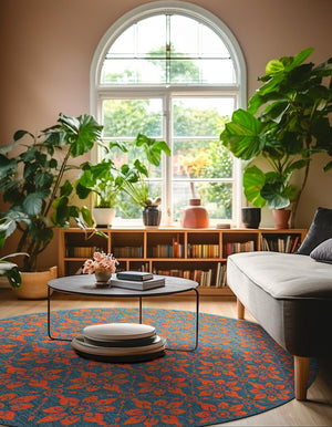 Blue and Red 4' 1 x 4' 1 Outdoor Trellis Round Area Rug Weather Resistant for Patio, Deck, Terrace, Balcony, Porch Geometric Design Water Safe Outside Carpet for Sale at Rug Engine