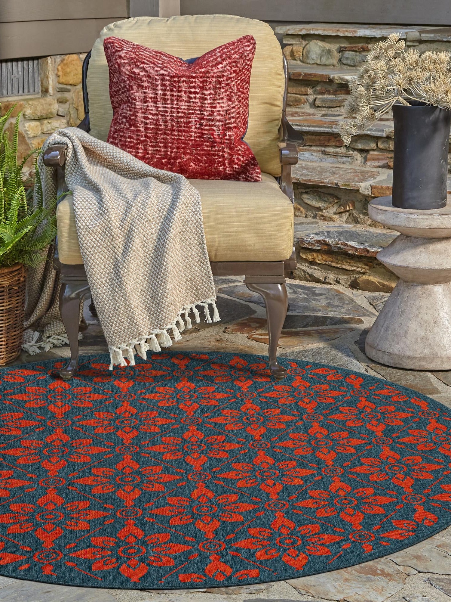 Blue and Red 5' 1 x 5' 1 Outdoor Trellis Round Area Rug Weather Resistant for Patio, Deck, Terrace, Balcony, Porch Geometric Design Water Safe Outside Carpet for Sale at Rug Engine