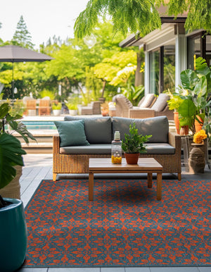 Blue and Red 7' 10 x 7' 10 Outdoor Trellis Square Area Rug Weather Resistant for Patio, Deck, Terrace, Balcony, Porch Geometric Design Water Safe Outside Carpet for Sale at Rug Engine