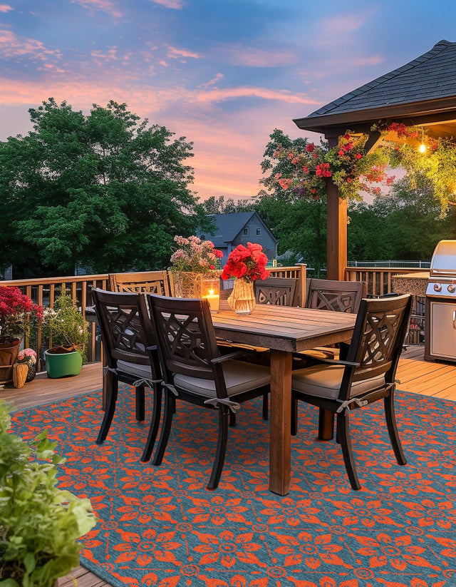 Blue and Red 7' 10 x 7' 10 Outdoor Trellis Square Area Rug Weather Resistant for Patio, Deck, Terrace, Balcony, Porch Geometric Design Water Safe Outside Carpet for Sale at Rug Engine