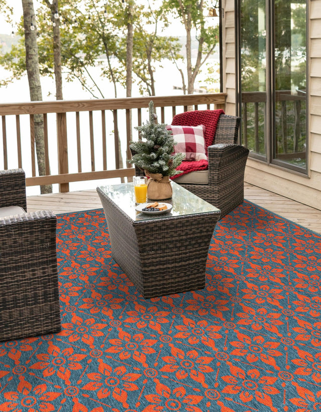Blue and Red 7' 10 x 7' 10 Outdoor Trellis Square Area Rug Weather Resistant for Patio, Deck, Terrace, Balcony, Porch Geometric Design Water Safe Outside Carpet for Sale at Rug Engine