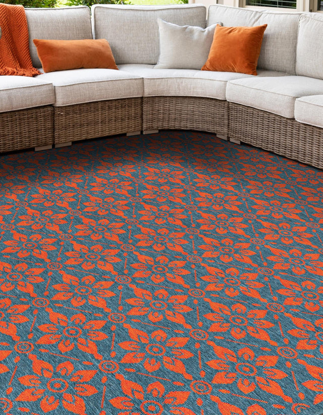 Blue and Red 7' 10 x 7' 10 Outdoor Trellis Square Area Rug Weather Resistant for Patio, Deck, Terrace, Balcony, Porch Geometric Design Water Safe Outside Carpet for Sale at Rug Engine