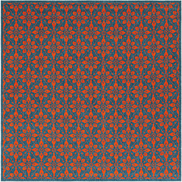 Blue and Red 7' 10 x 7' 10 Outdoor Trellis Square Area Rug Weather Resistant for Patio, Deck, Terrace, Balcony, Porch Geometric Design Water Safe Outside Carpet for Sale at Rug Engine