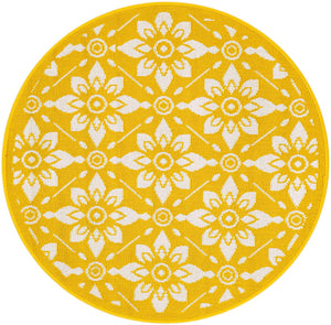 Yellow 3' 1 x 3' 1 Outdoor Trellis Round Area Rug Weather Resistant for Patio, Deck, Terrace, Balcony, Porch Geometric Design Water Safe Outside Carpet for Sale at Rug Engine