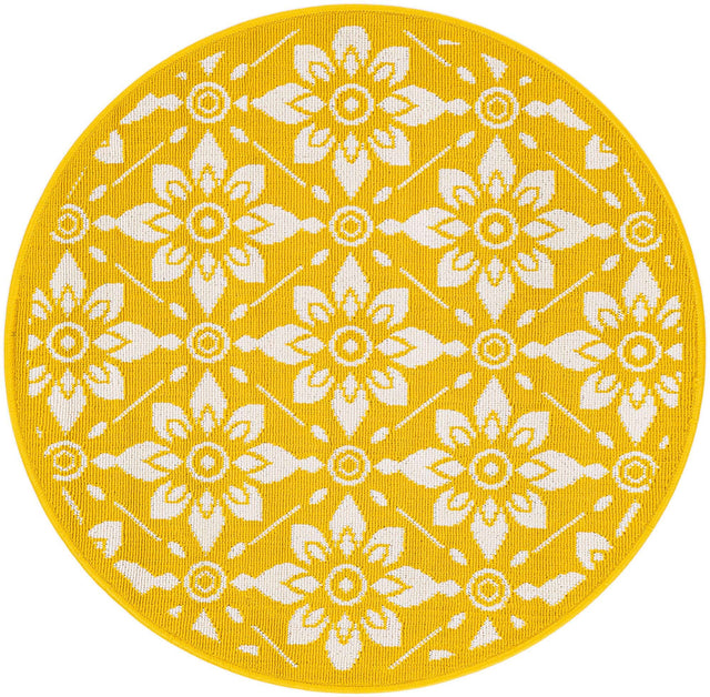 Yellow 3' 1 x 3' 1 Outdoor Trellis Round Area Rug Weather Resistant for Patio, Deck, Terrace, Balcony, Porch Geometric Design Water Safe Outside Carpet for Sale at Rug Engine