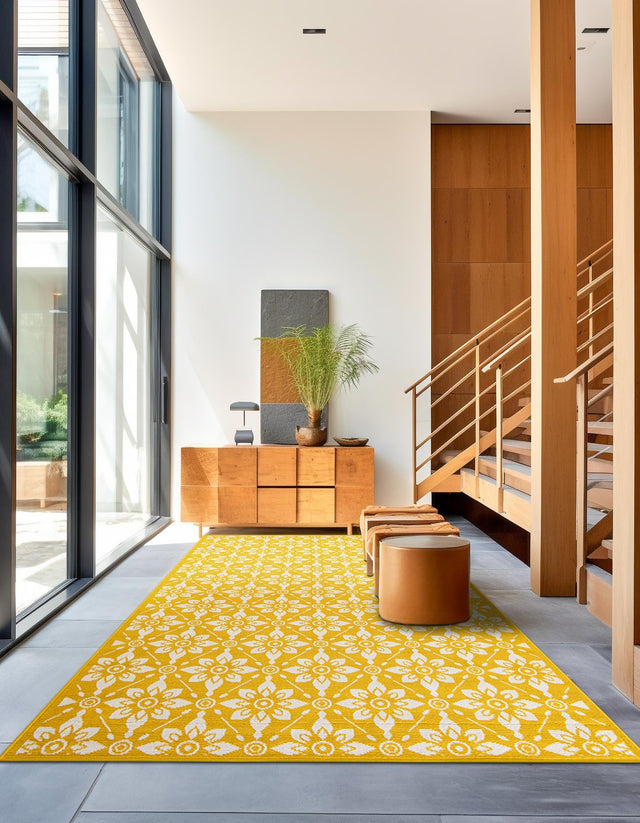 Yellow 9' x 12' Outdoor Trellis Rectangle Area Rug Weather Resistant for Patio, Deck, Terrace, Balcony, Porch Geometric Design Water Safe Outside Carpet for Sale at Rug Engine