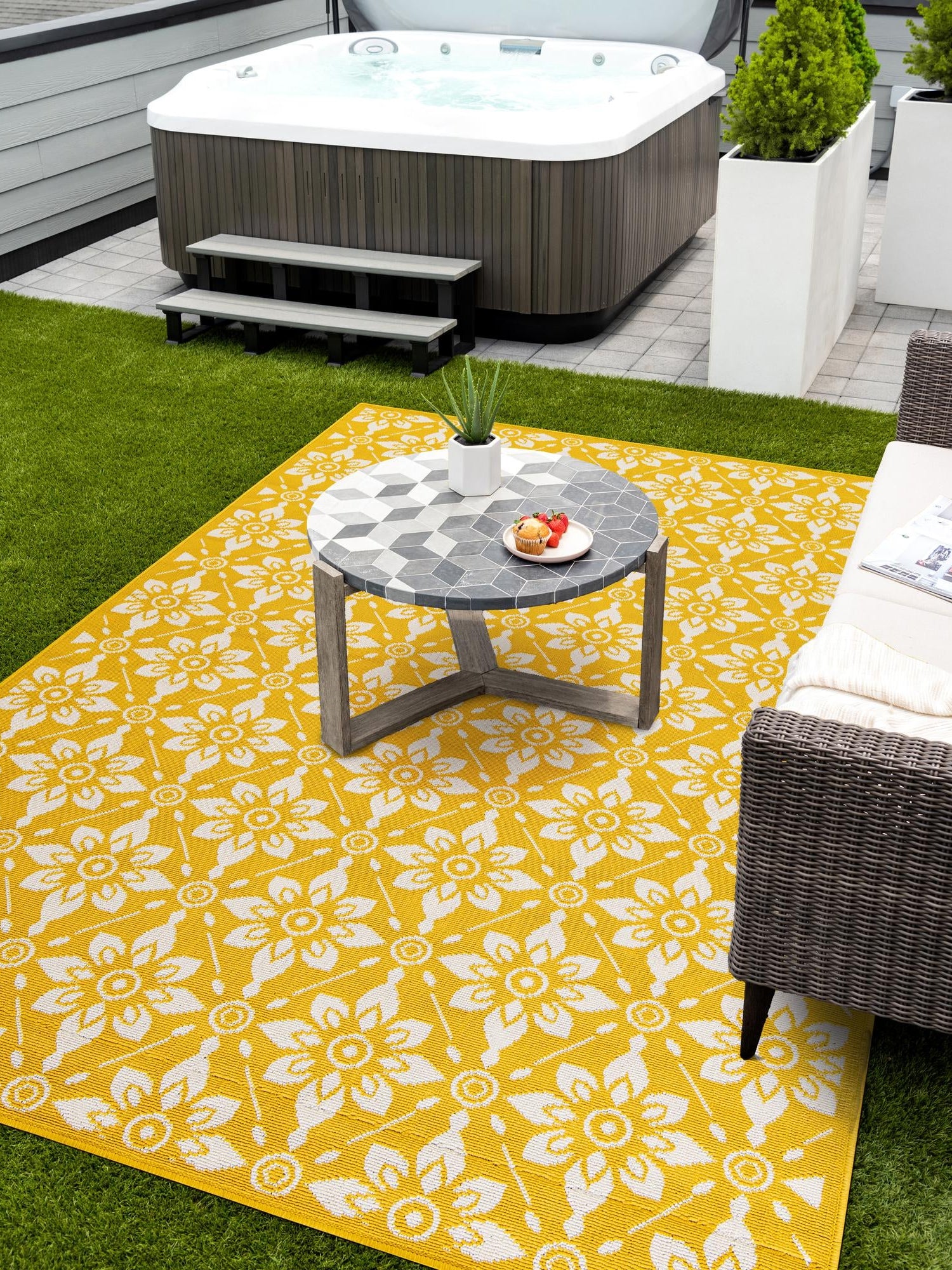 Yellow 7' 10 x 10' Outdoor Trellis Rectangle Area Rug Weather Resistant for Patio, Deck, Terrace, Balcony, Porch Geometric Design Water Safe Outside Carpet for Sale at Rug Engine