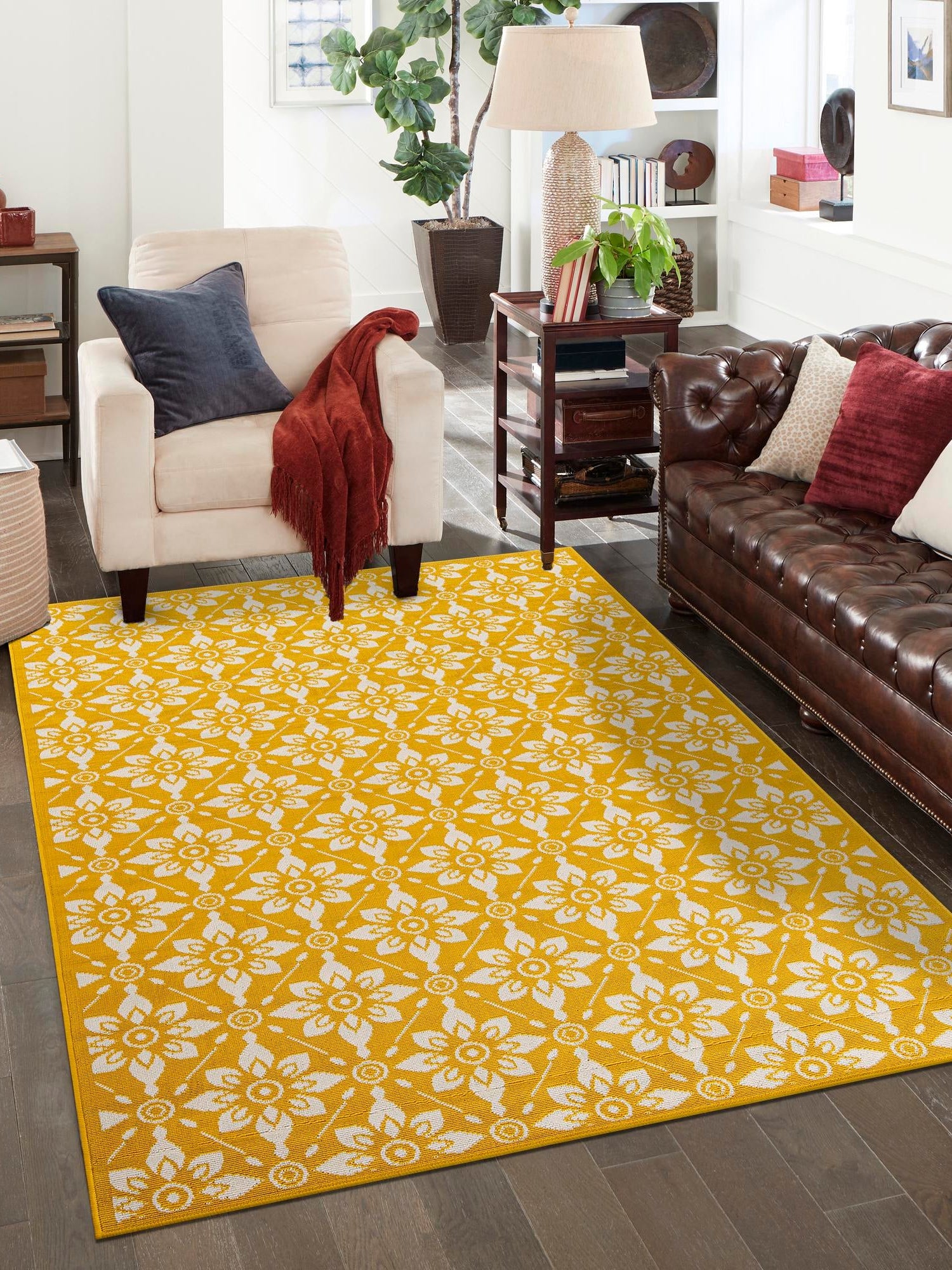 Yellow 2' x 3' 1 Outdoor Trellis Rectangle Area Rug Weather Resistant for Patio, Deck, Terrace, Balcony, Porch Geometric Design Water Safe Outside Carpet for Sale at Rug Engine