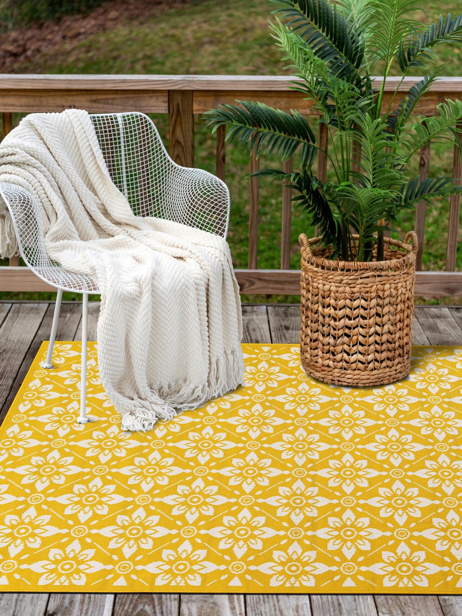 Yellow 7' 10 x 10' Outdoor Trellis Rectangle Area Rug Weather Resistant for Patio, Deck, Terrace, Balcony, Porch Geometric Design Water Safe Outside Carpet for Sale at Rug Engine