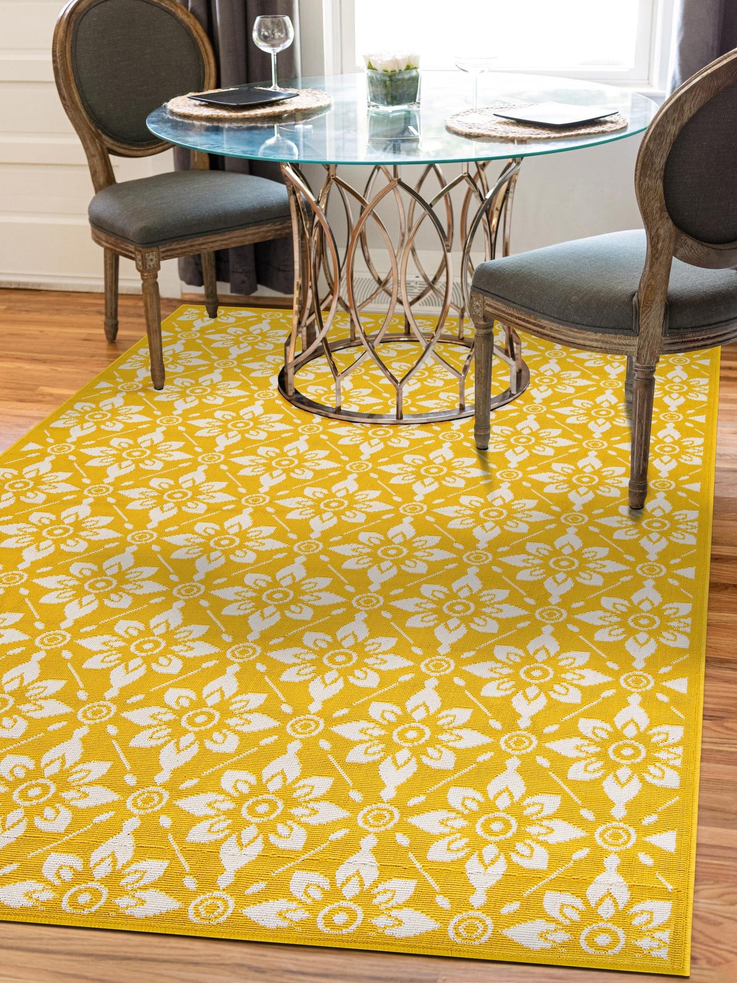 Yellow 9' x 12' Outdoor Trellis Rectangle Area Rug Weather Resistant for Patio, Deck, Terrace, Balcony, Porch Geometric Design Water Safe Outside Carpet for Sale at Rug Engine