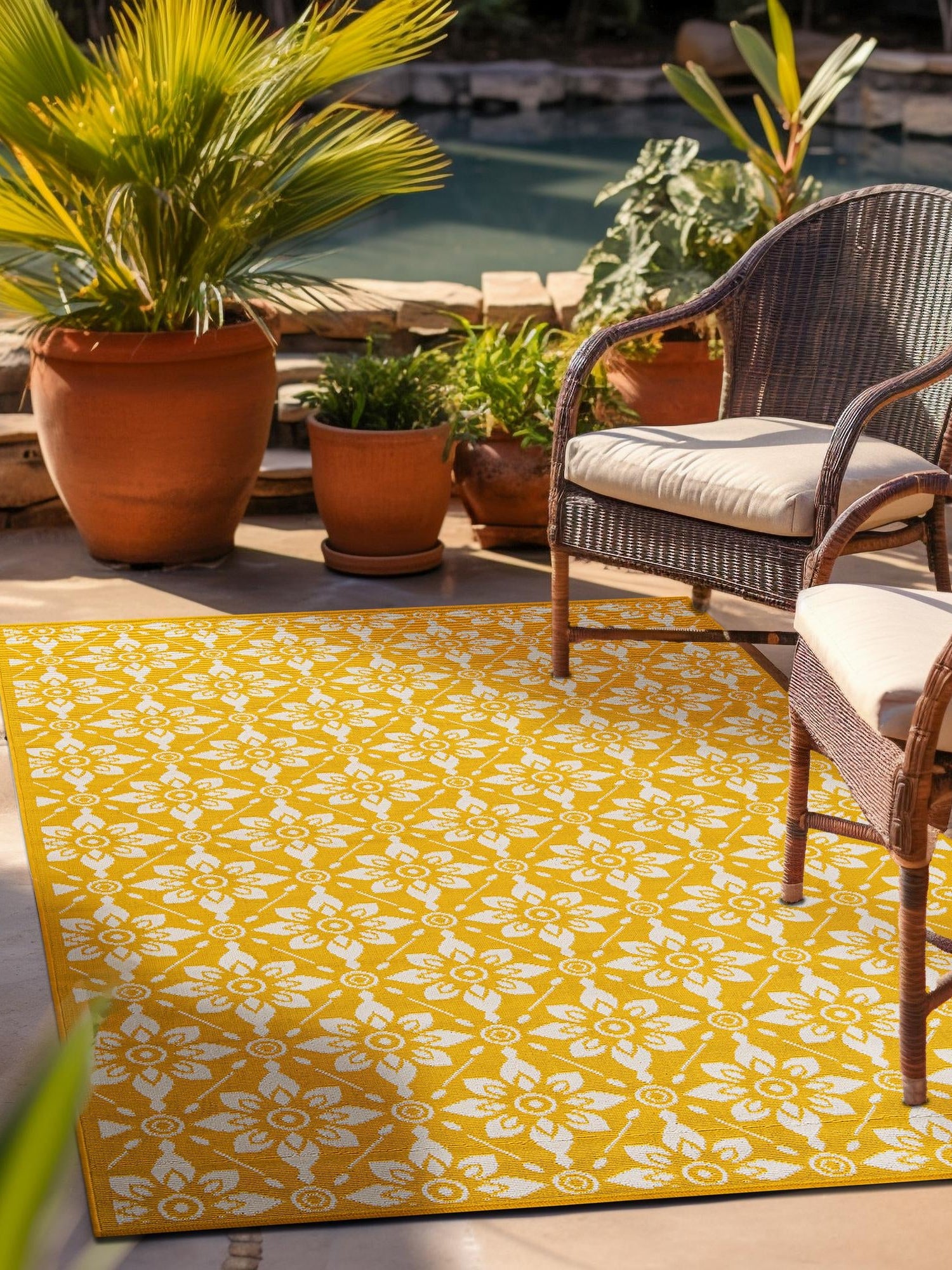 Yellow 9' x 12' Outdoor Trellis Rectangle Area Rug Weather Resistant for Patio, Deck, Terrace, Balcony, Porch Geometric Design Water Safe Outside Carpet for Sale at Rug Engine