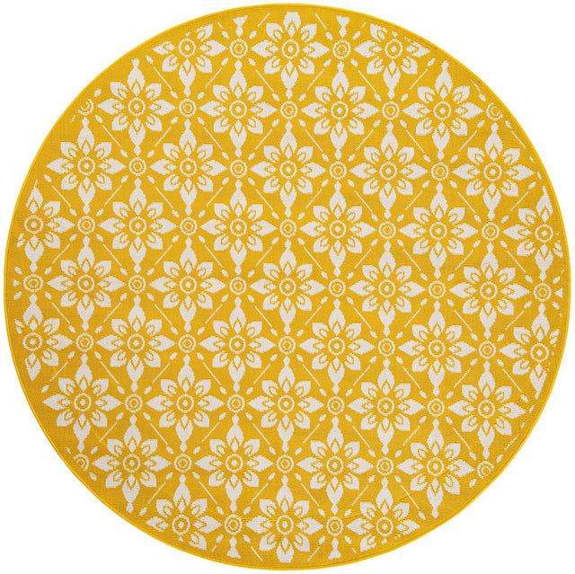 Yellow 6' 1 x 6' 1 Outdoor Trellis Round Area Rug Weather Resistant for Patio, Deck, Terrace, Balcony, Porch Geometric Design Water Safe Outside Carpet for Sale at Rug Engine