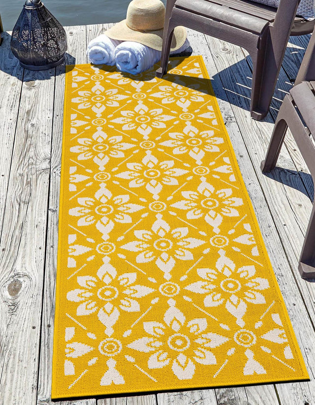 Yellow 2' x 5' 1 Outdoor Trellis Runner Area Rug Weather Resistant for Patio, Deck, Terrace, Balcony, Porch Geometric Design Water Safe Outside Carpet for Sale at Rug Engine