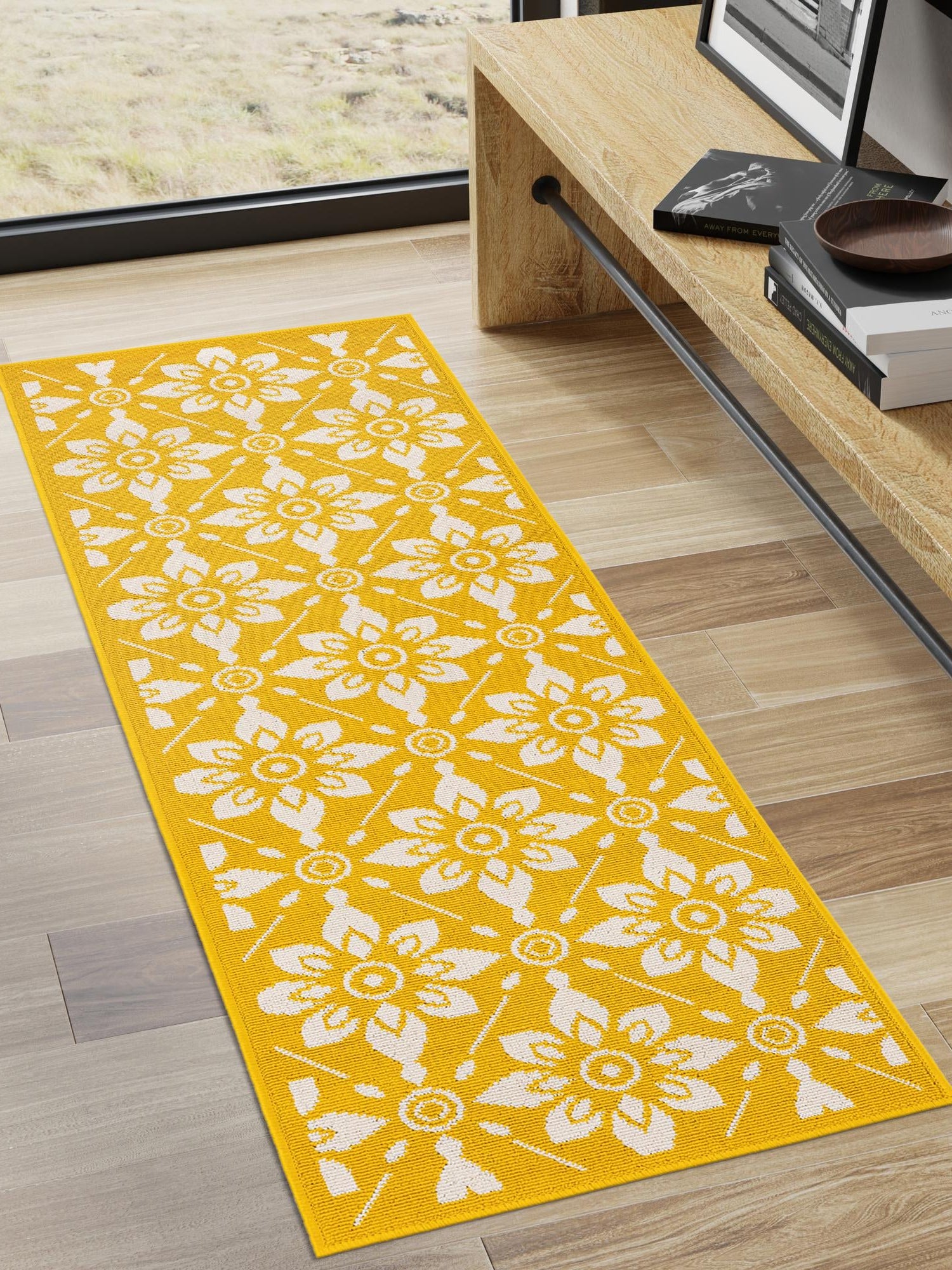 Yellow 2' x 6' 1 Outdoor Trellis Runner Area Rug Weather Resistant for Patio, Deck, Terrace, Balcony, Porch Geometric Design Water Safe Outside Carpet for Sale at Rug Engine