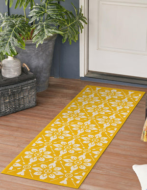 Yellow 2' x 5' 1 Outdoor Trellis Runner Area Rug Weather Resistant for Patio, Deck, Terrace, Balcony, Porch Geometric Design Water Safe Outside Carpet for Sale at Rug Engine