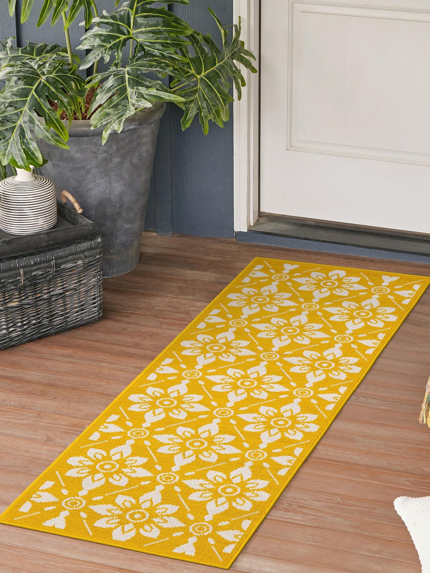 Yellow 2' x 6' 1 Outdoor Trellis Runner Area Rug Weather Resistant for Patio, Deck, Terrace, Balcony, Porch Geometric Design Water Safe Outside Carpet for Sale at Rug Engine
