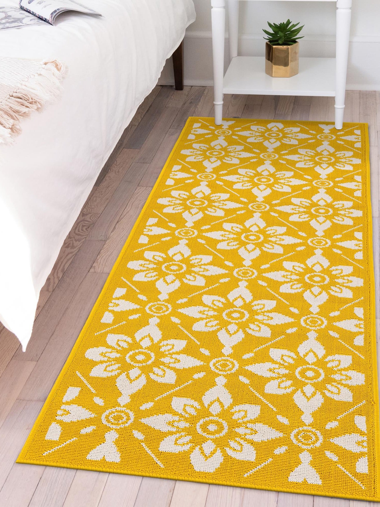 Yellow 2' x 6' 1 Outdoor Trellis Runner Area Rug Weather Resistant for Patio, Deck, Terrace, Balcony, Porch Geometric Design Water Safe Outside Carpet for Sale at Rug Engine