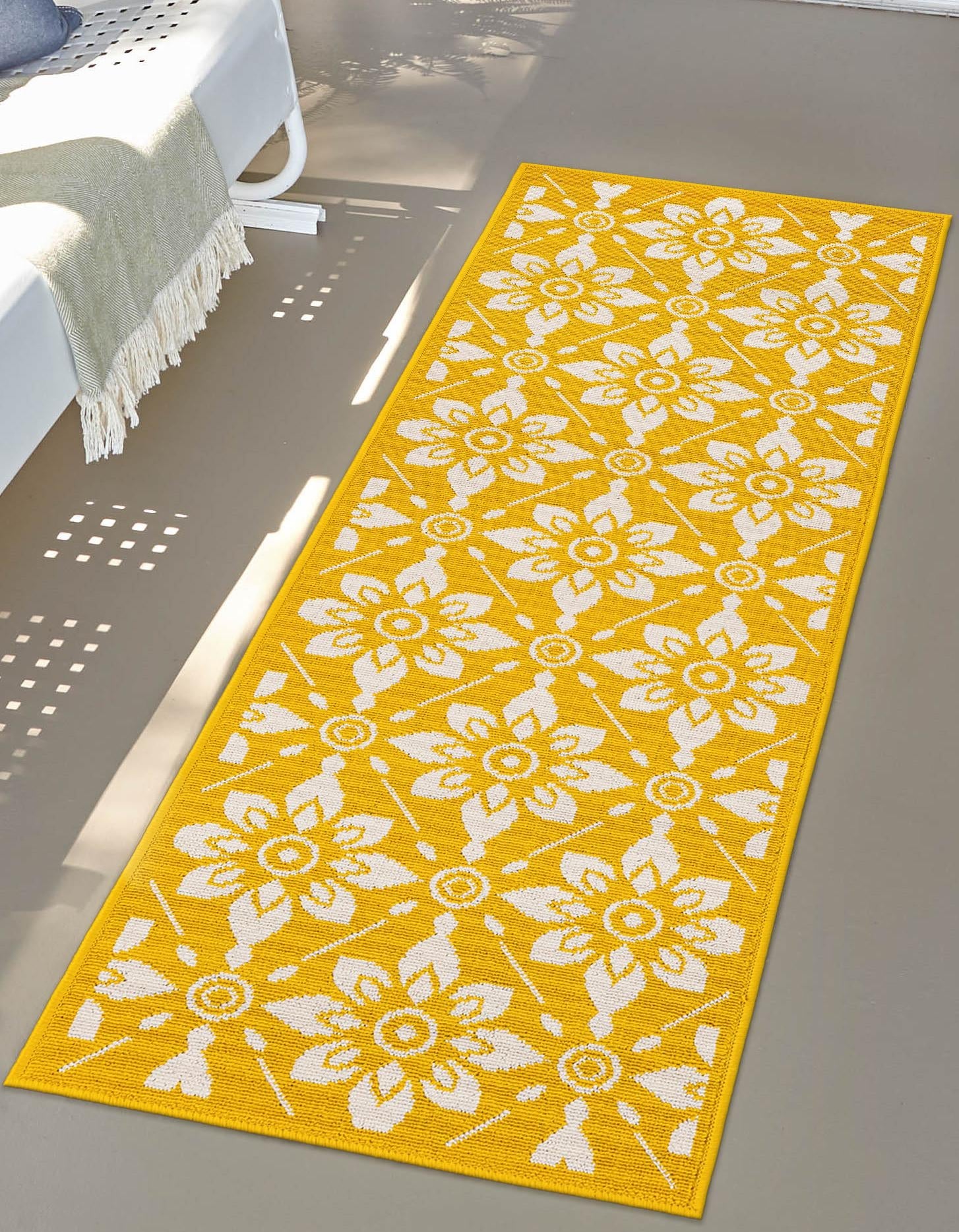 Yellow 2' x 6' 1 Outdoor Trellis Runner Area Rug Weather Resistant for Patio, Deck, Terrace, Balcony, Porch Geometric Design Water Safe Outside Carpet for Sale at Rug Engine