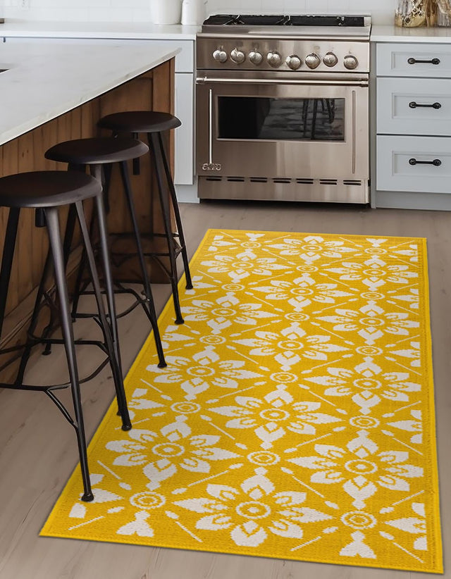 Yellow 2' x 5' 1 Outdoor Trellis Runner Area Rug Weather Resistant for Patio, Deck, Terrace, Balcony, Porch Geometric Design Water Safe Outside Carpet for Sale at Rug Engine