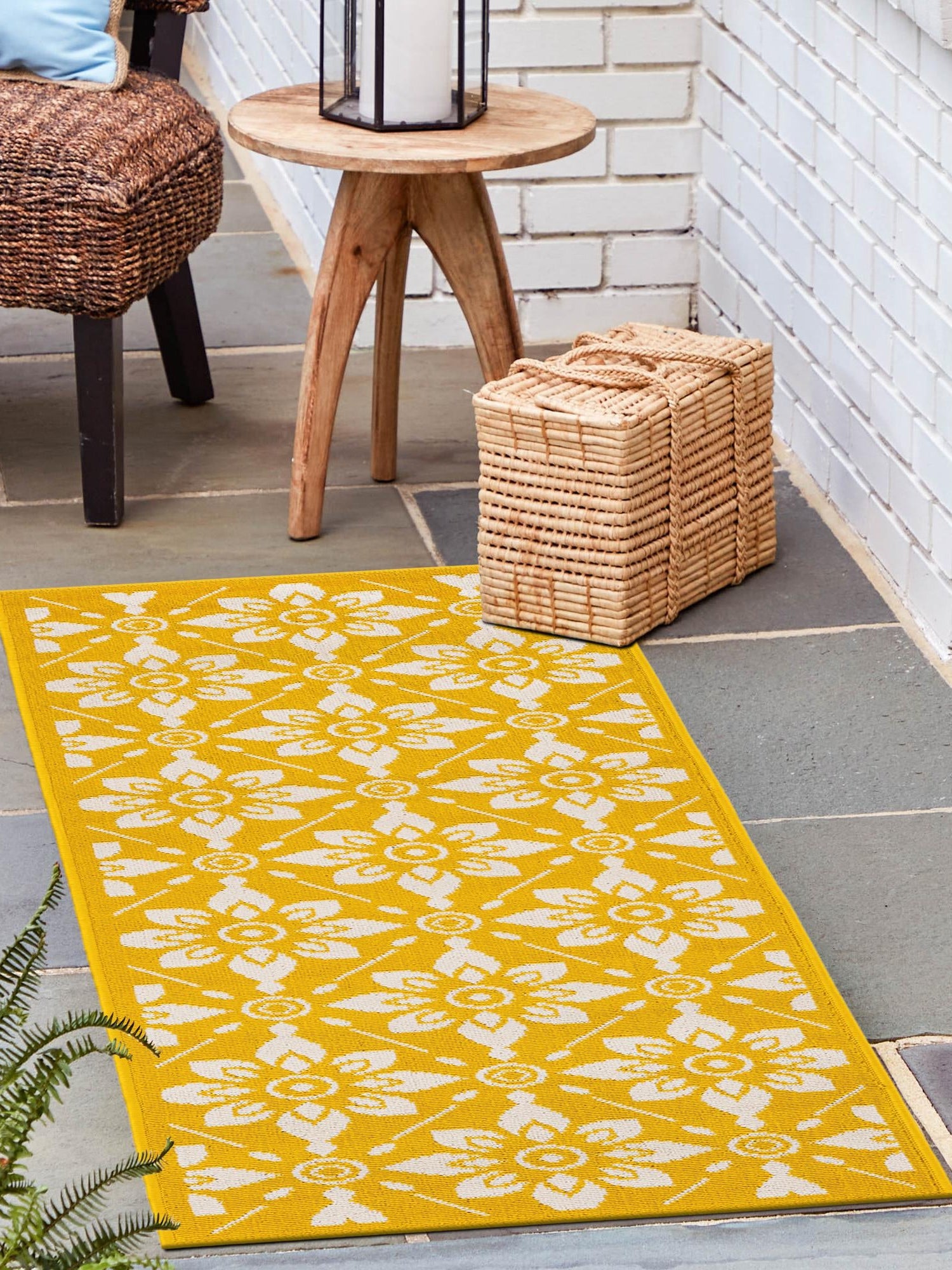 Yellow 2' x 6' 1 Outdoor Trellis Runner Area Rug Weather Resistant for Patio, Deck, Terrace, Balcony, Porch Geometric Design Water Safe Outside Carpet for Sale at Rug Engine